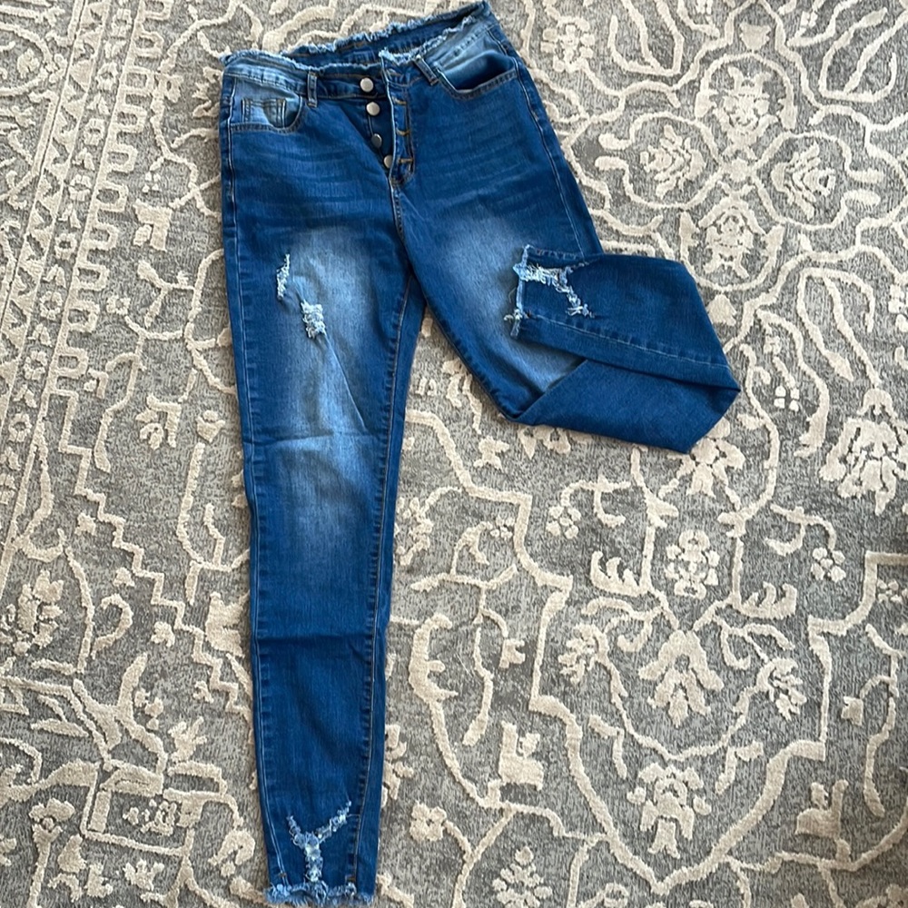 Shein jeans with frayed waistband and ankles.